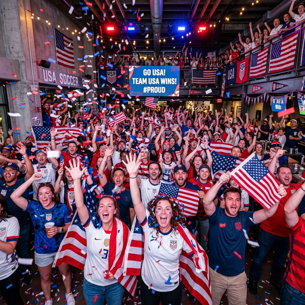 Enthusiastic Team USA fans celebrating victory with American flags and confetti