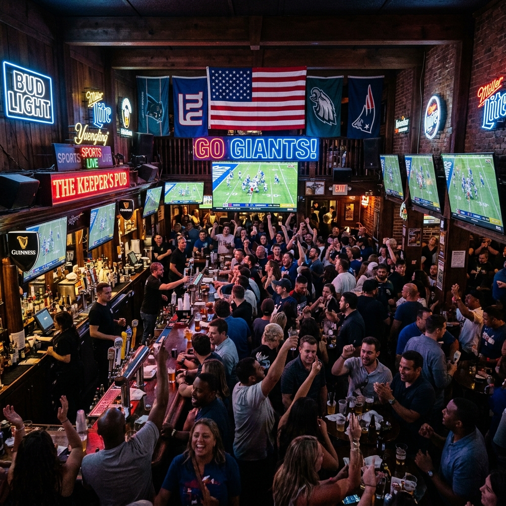 Vibrant nightlife scene at an American sports bar with neon lights